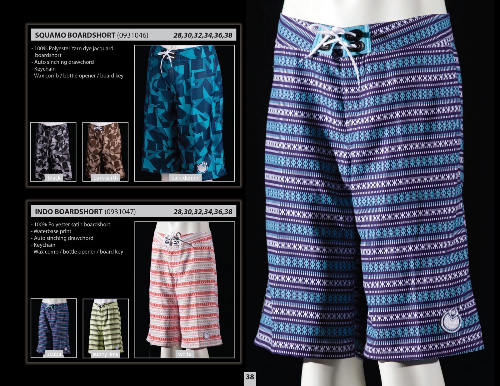 Nomis Design boardshort catalog spread — Squamo and Indo boardshorts