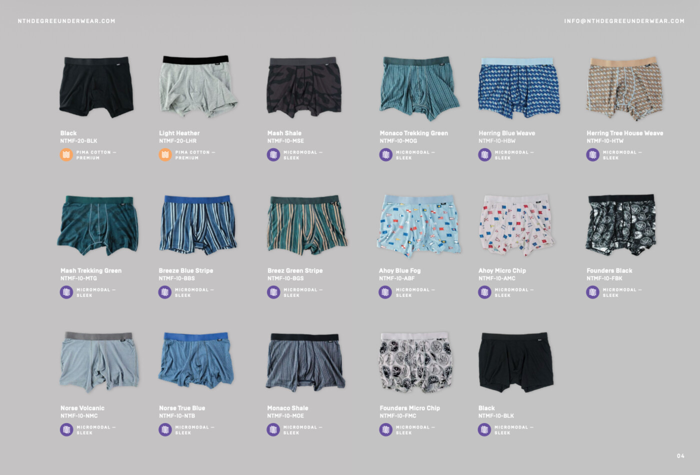 Nth Degree boxer collection overview, full line sheet